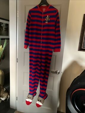 Nick & Nora Red and Blue Striped Kids Footed One-Piece with Sock Monkey Details